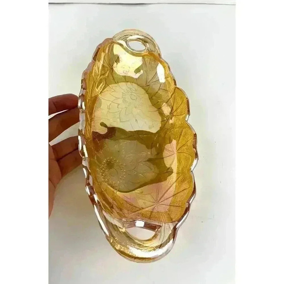 VTG Indiana Carnival Glass Marigold Trinket Dish Handles Embossed Floral Oval - Picture 7 of 11